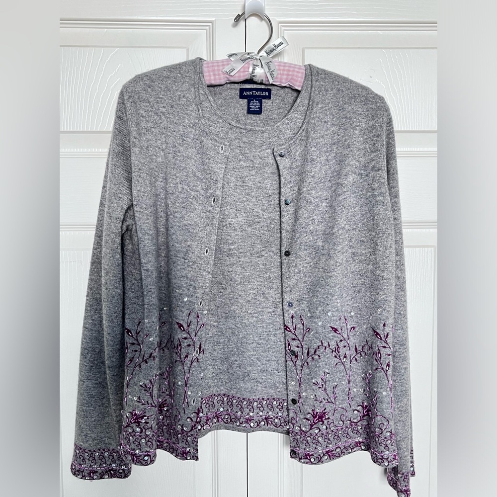 Ann Taylor Wool & Angora Rabbit Hair Gray Sweater Set with Purple Beading-Size L